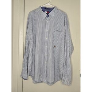 Tommy Hilfiger Mens XXL Blue White Striped Button Down Shirt Crest Logo Cotton